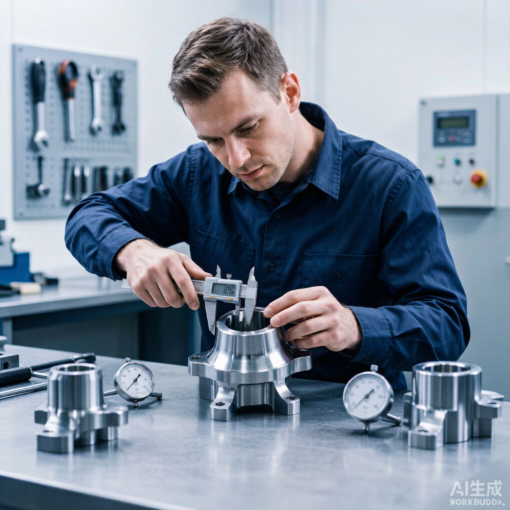 Quality inspector measuring machined steel part with digital caliper