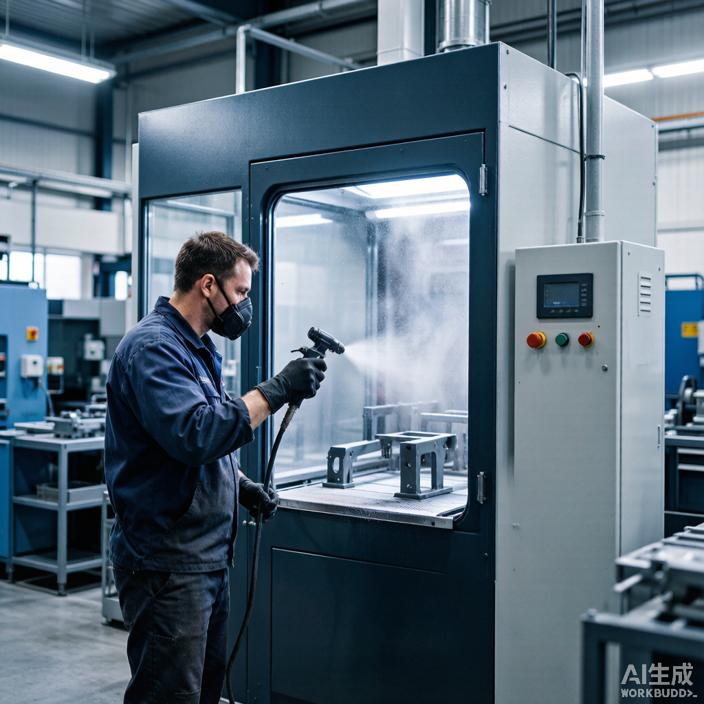 Powder coating spray booth applying finish to metal parts
