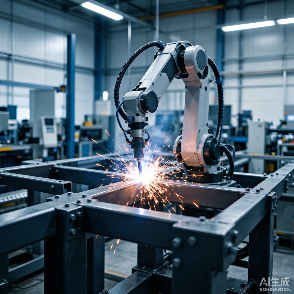 Robotic welding arm welding steel frame in factory