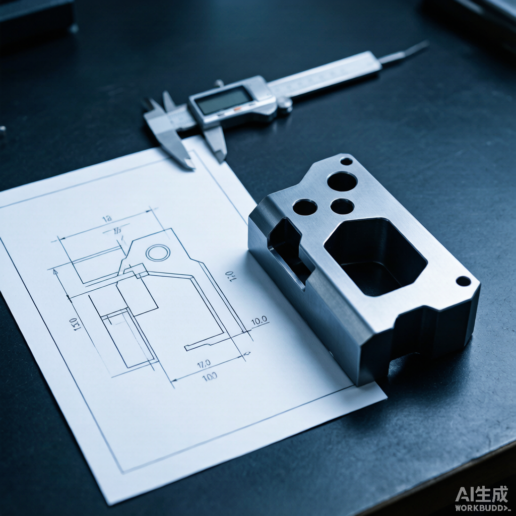 Custom fabricated metal part next to engineering drawing